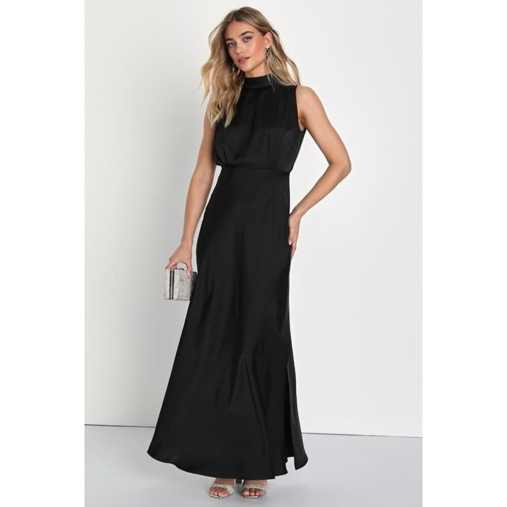 Lulus Classic Elegance Black Satin Sleeveless Mock Neck Maxi Dress - Size M